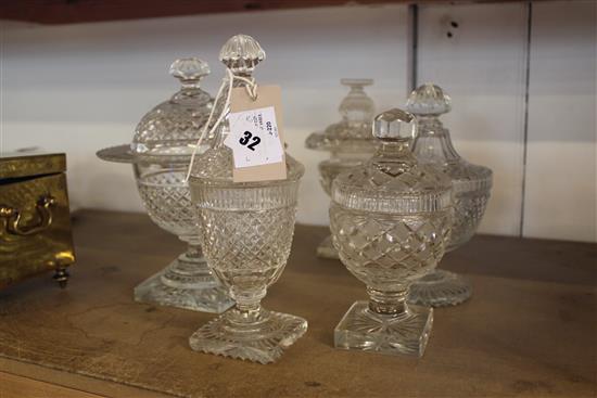 Five 19th century cut glass sweetmeat vases and covers(-)